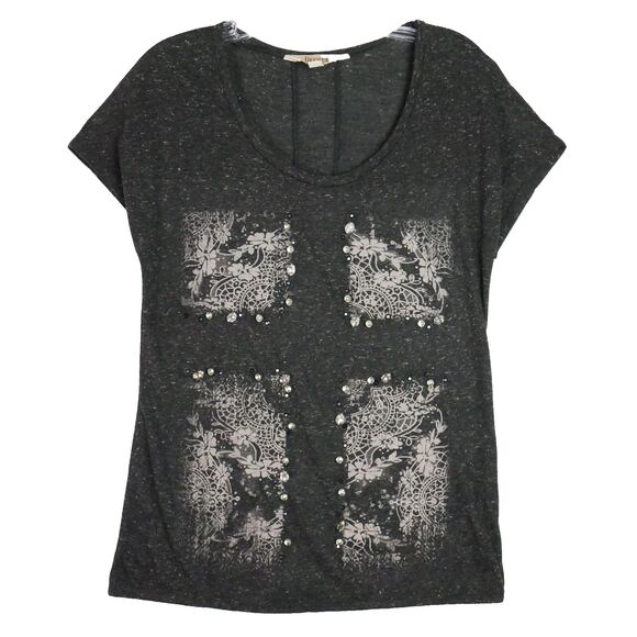 Decree Womens Size M Cap Sleeve Dark Gray Rhinestone Adorned T Shirt - Picture 1 of 11